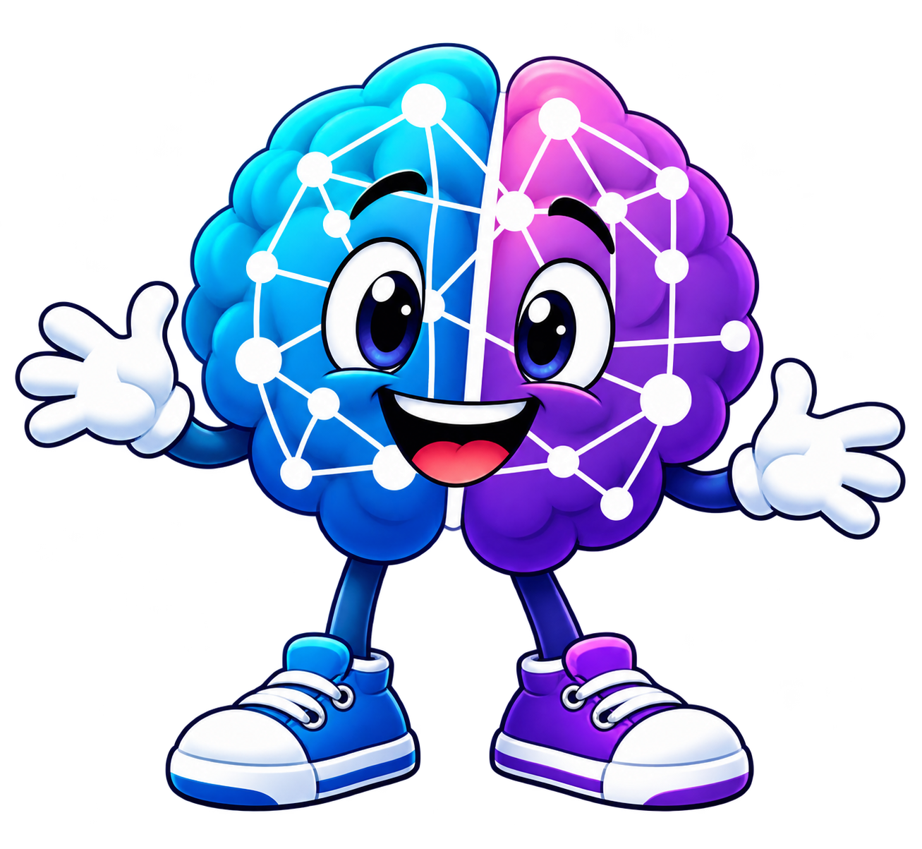Mascotte officielle The Mental Network, cerveau bleu et violet souriant, avec bras, gants blancs et baskets, symbole d’un accompagnement bienveillant des jeunes.