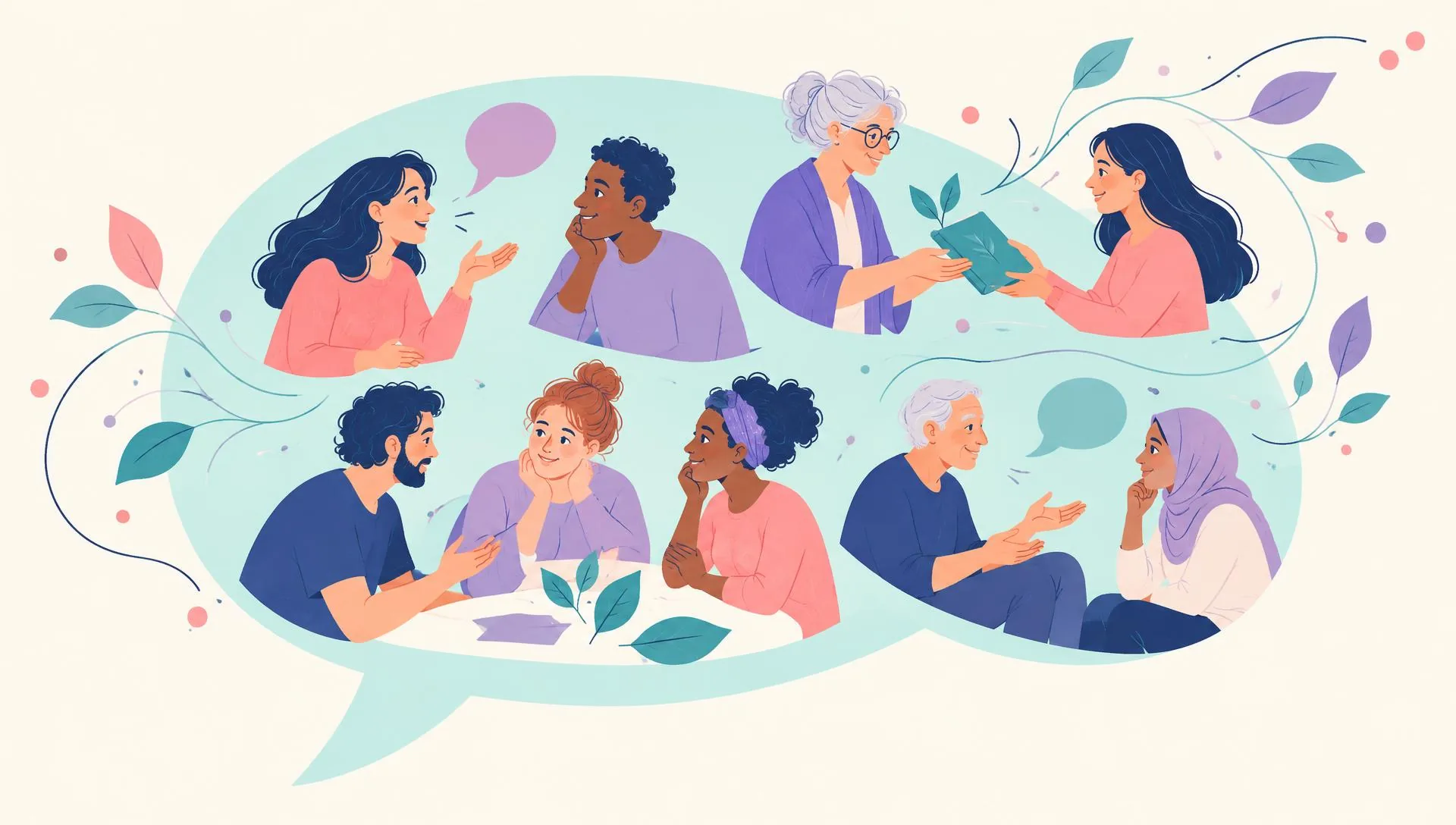 Illustration : des personnes diverses s'expriment, s'écoutent, échangent leurs expériences et transmettent des savoirs au sein d'une grande bulle de parole, symbole d'une parole entendue qui devient une force collective. Personnages fictifs.