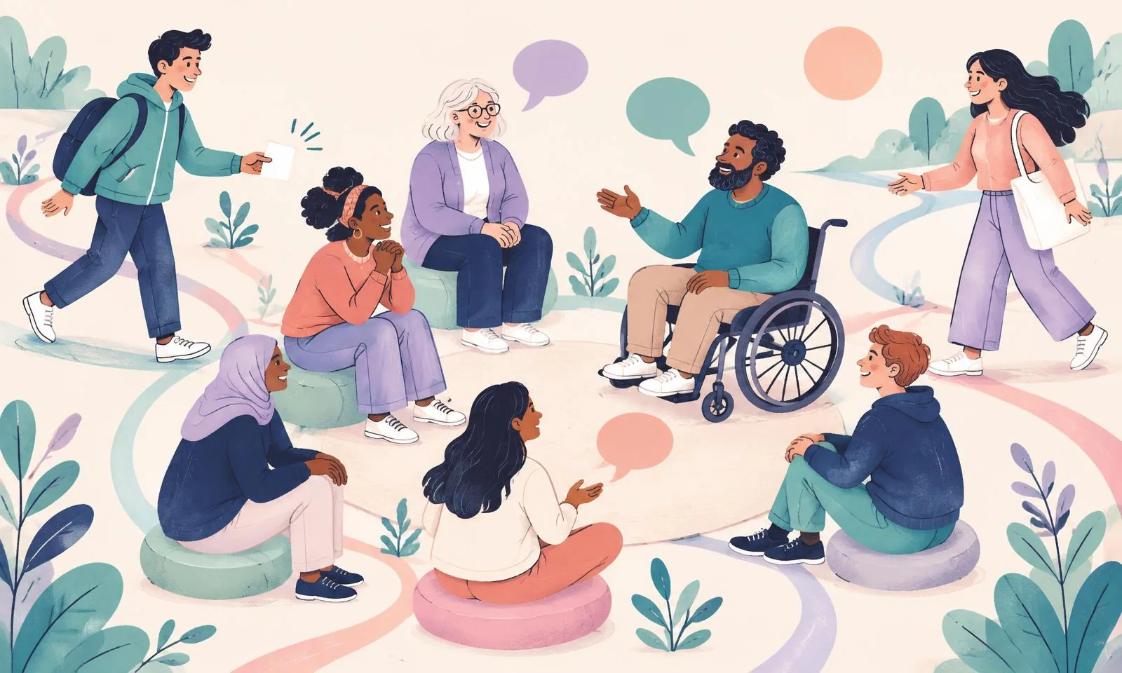 Le point de rencontre : huit personnages fictifs d’âges et de profils variés convergent vers un espace de dialogue, échangent et écoutent, reliés par des chemins organiques et des bulles de parole.