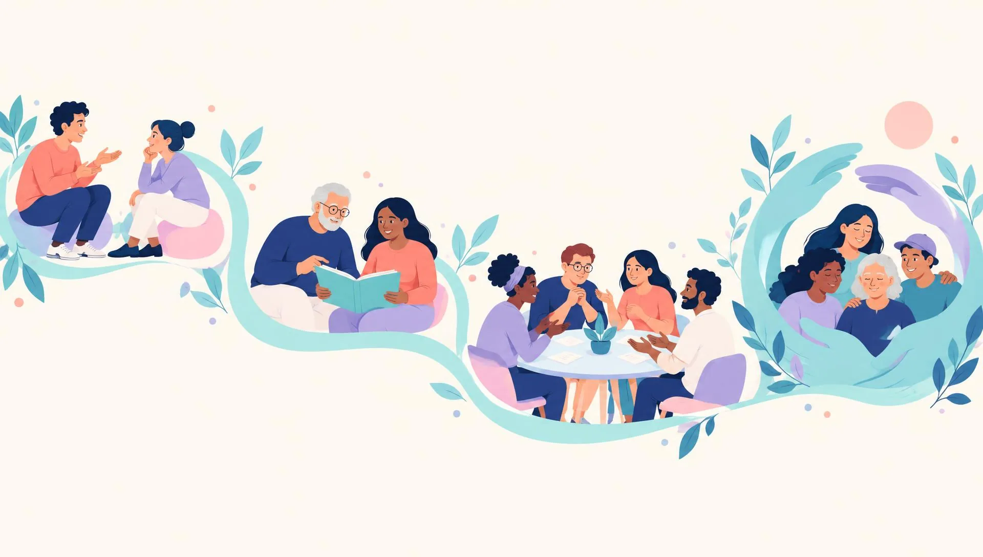 Illustration : un chemin turquoise relie quatre scènes symboliques — une personne écoutée avec attention, un livre partagé, un groupe échangeant à égalité autour d'une table, et des personnes accueillies dans un espace protecteur. Personnages fictifs.